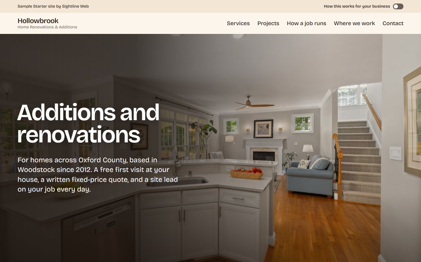 Hollowbrook’s home page at laptop width: a bright open-plan kitchen and living room behind the headline “Additions and renovations”.