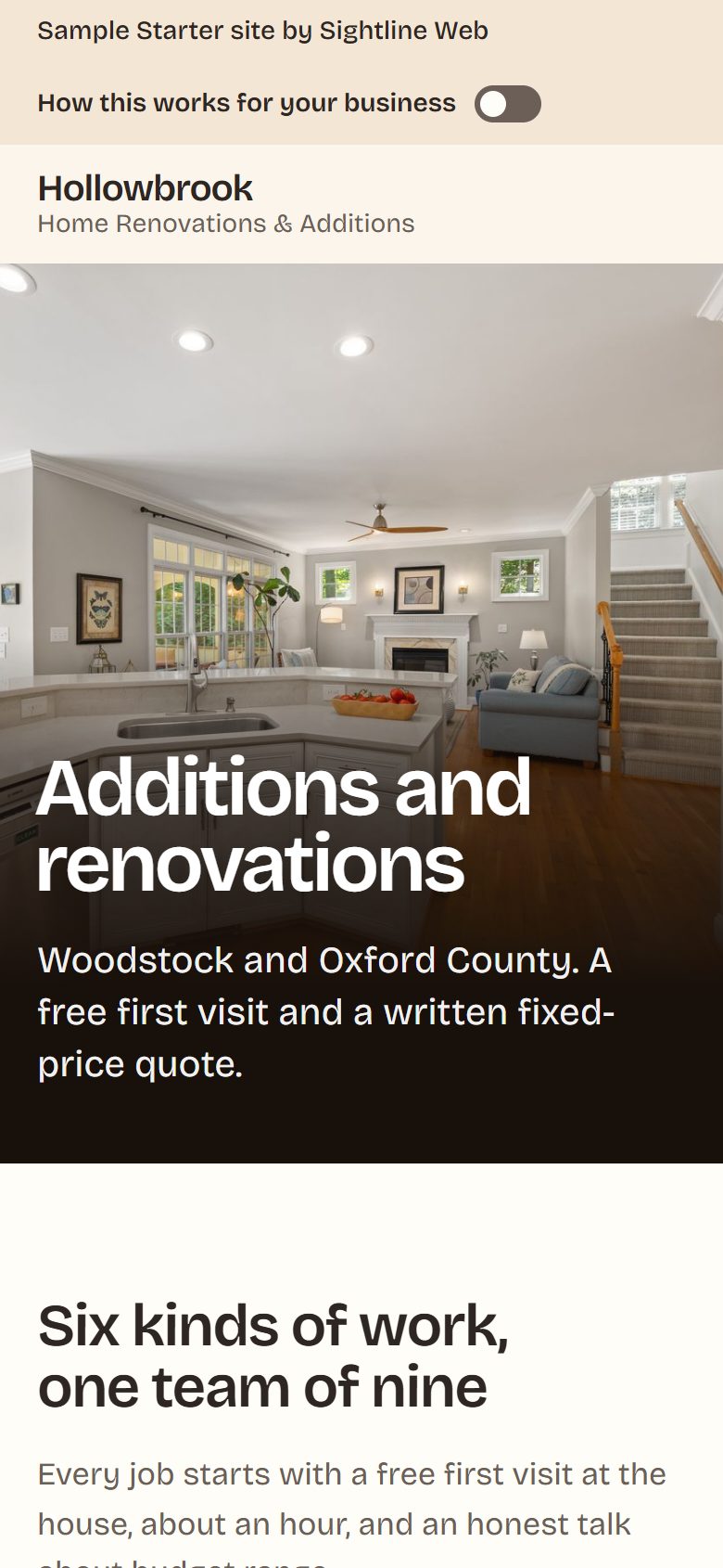 Hollowbrook on a phone: a sample design of Sightline’s Starter package. The first screen shows the same kitchen photo under the headline Additions and renovations.
