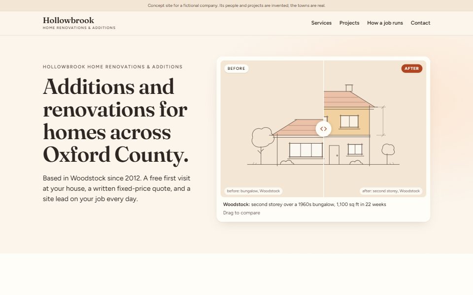 Hollowbrook after pass 1: a serif headline, Additions and renovations for homes across Oxford County, beside a drawn before-and-after of a house gaining a second storey.