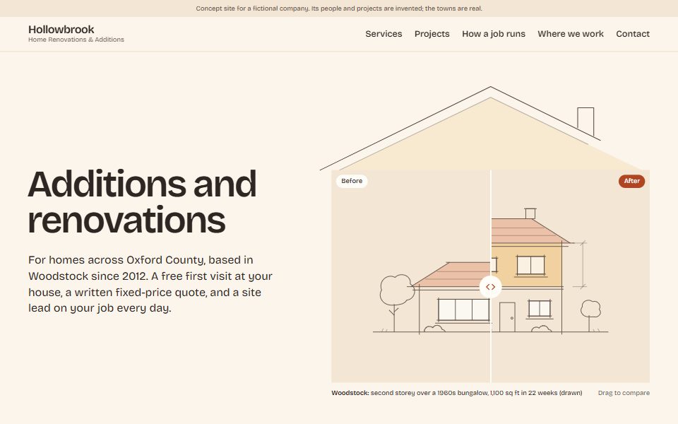 Hollowbrook after pass 2: a plain sans-serif headline beside a drawn roofline over a before-and-after sketch of a house.