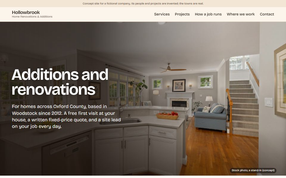 Hollowbrook after pass 3: a full-width photo of an open-plan kitchen with the headline Additions and renovations over it.