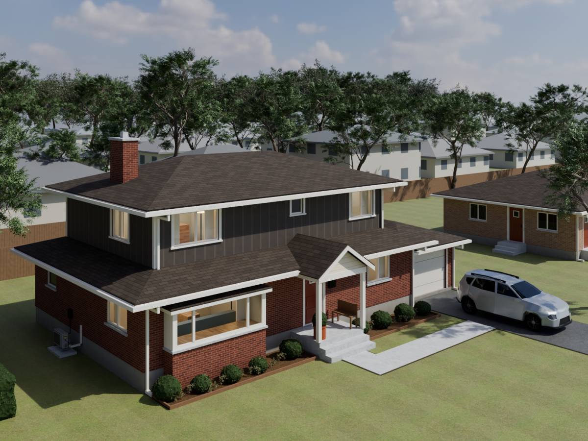 3D model of the same bungalow with a grey second storey added.