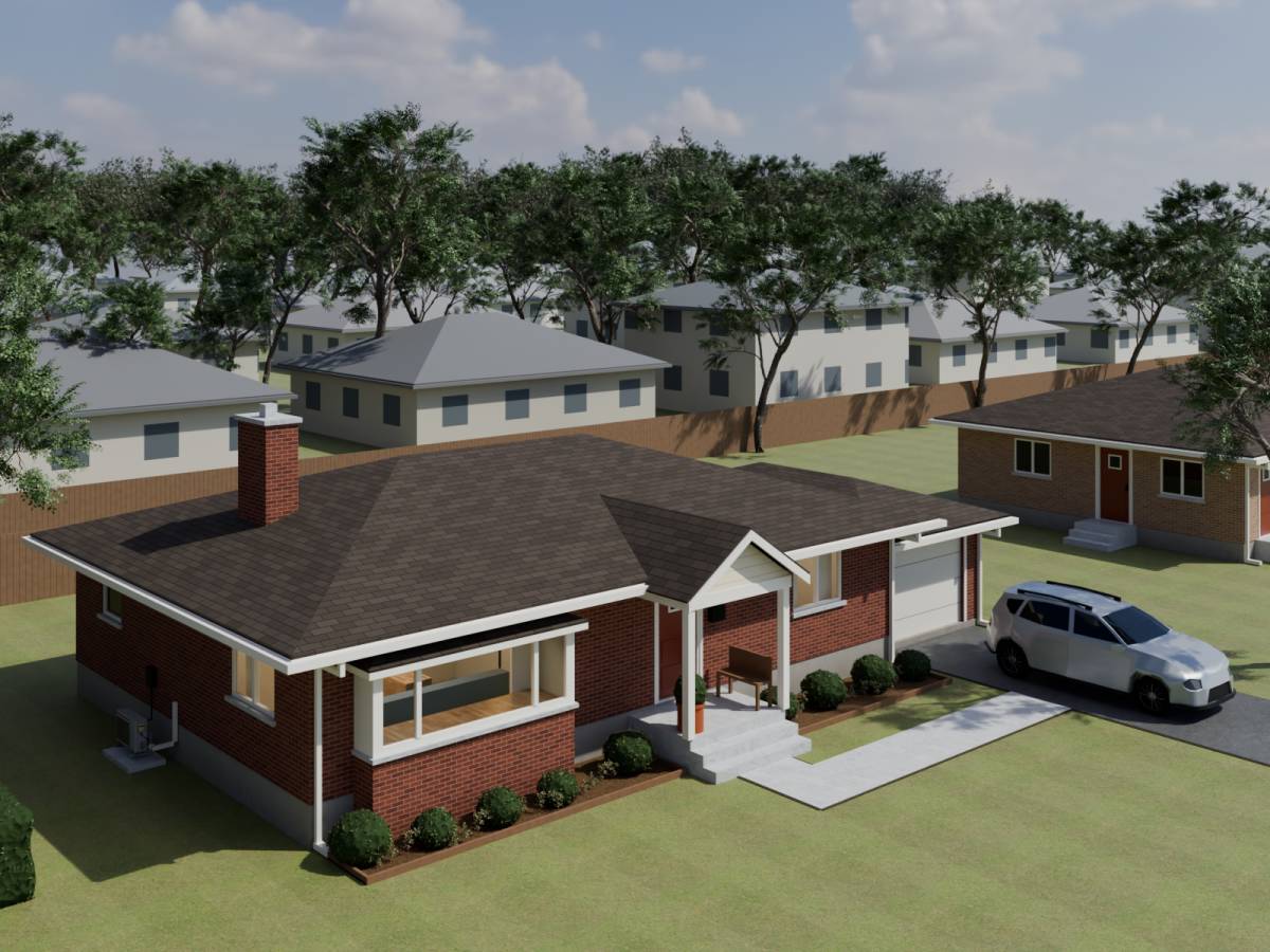 3D model of the existing red-brick bungalow, one storey.