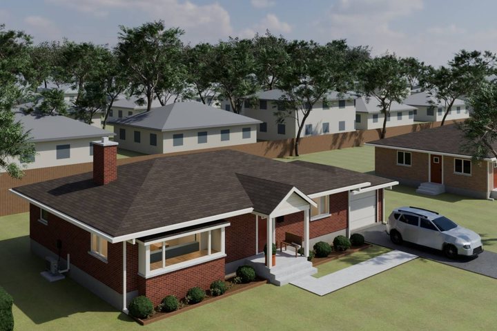 3D model of the Woodstock bungalow as it stands: one storey of red brick, before any work.