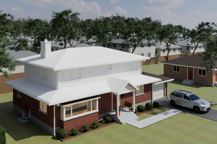 3D model of the same bungalow with the planned second storey shown as a plain white block.