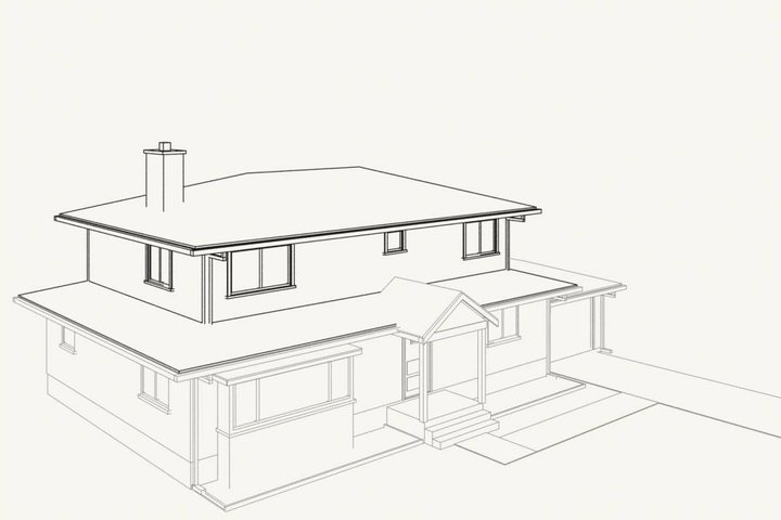 3D model drawn as line work: the house with its second storey, as on the drawings.