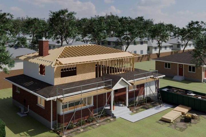 3D model of the second storey being built: timber framing and sheathing, scaffolding, a dumpster and lumber on the lawn.