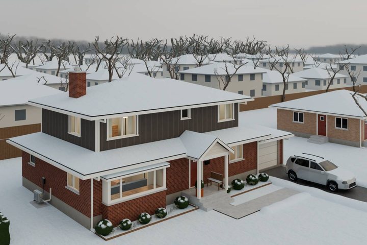 3D model of the finished house a year on, under winter snow.